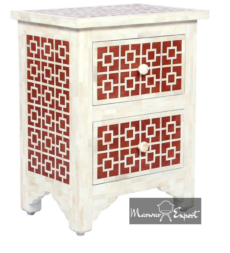 Bone Inlay 2 Drawer Bedside Cabinet in Brown & White
