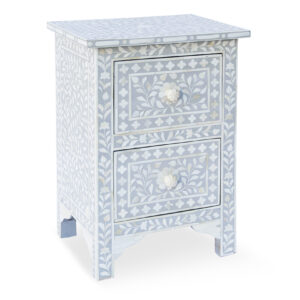Bone Inlay 2 Drawer Bedside Cabinet in Floral Design in Grey