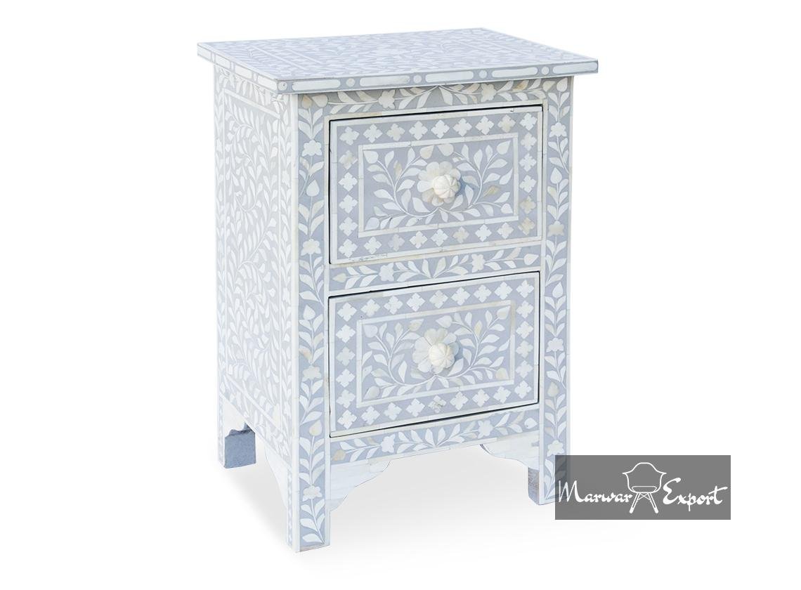 Bone Inlay 2 Drawer Bedside Cabinet in Floral Design in Grey