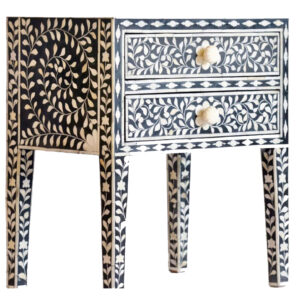 Bone Inlay 2 Drawer Bedside Table in Black
