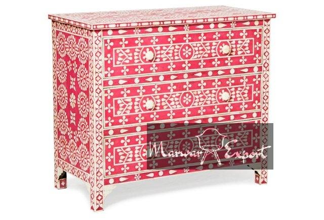 Bone Inlay Chest of Drawer in Red