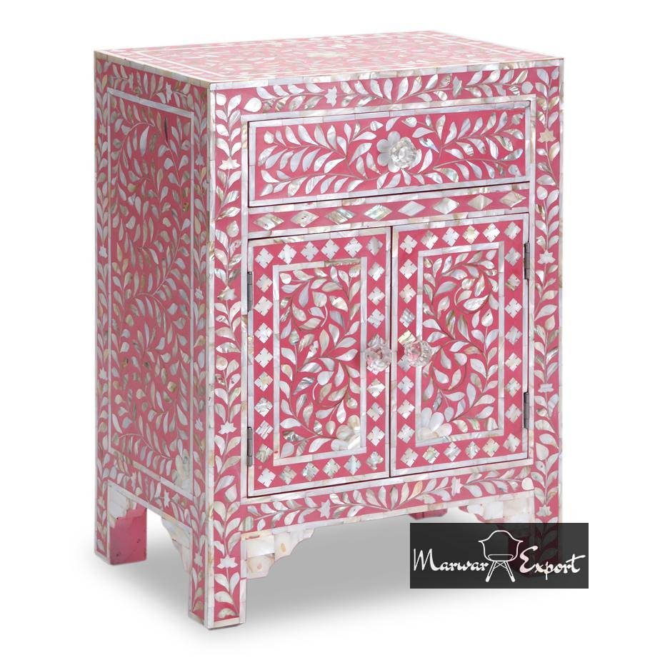 Mother of Pearl Inlay Bedside Cabinet in Pink