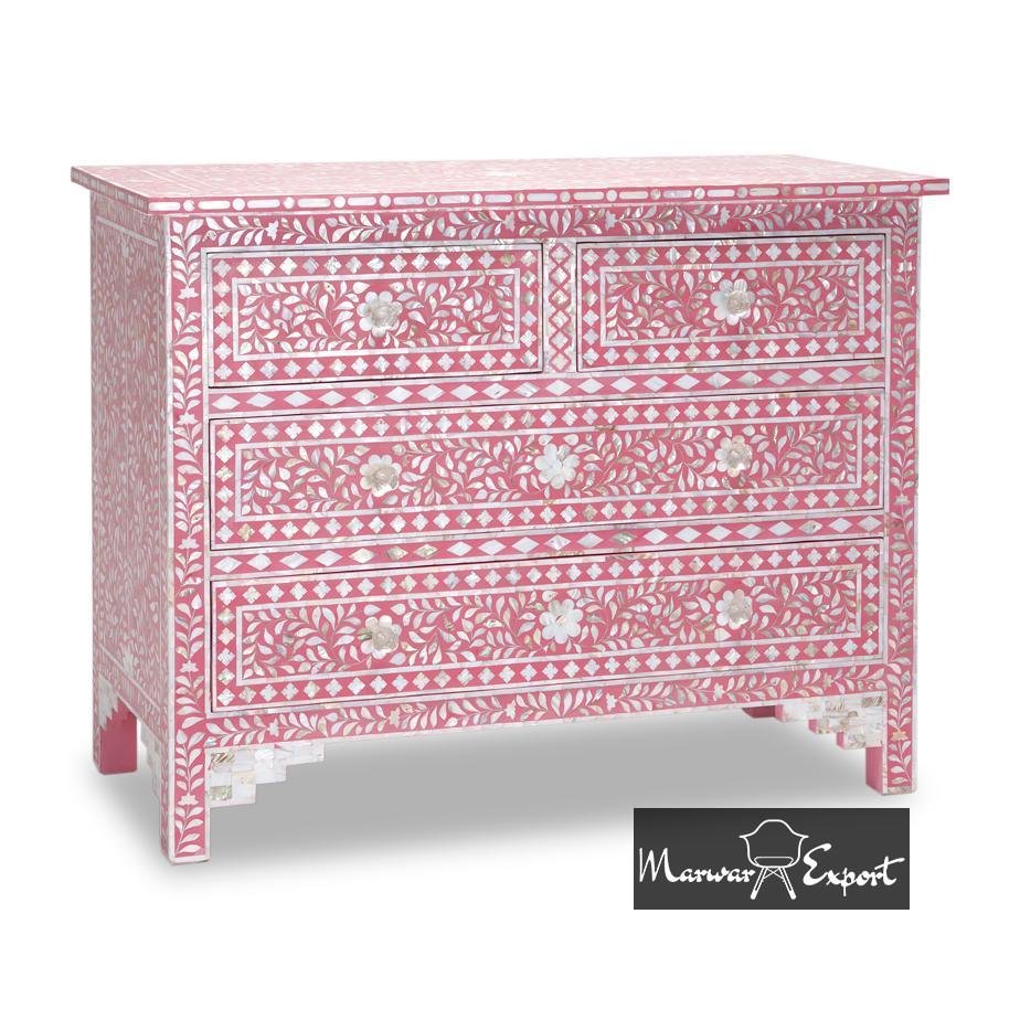 Mother of Pearl Inlay Chest of 4 Drawer In Pink