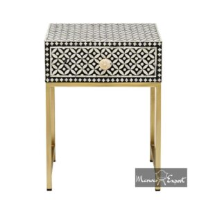Stunning Bone Inlay Bedside Table Black Geometric