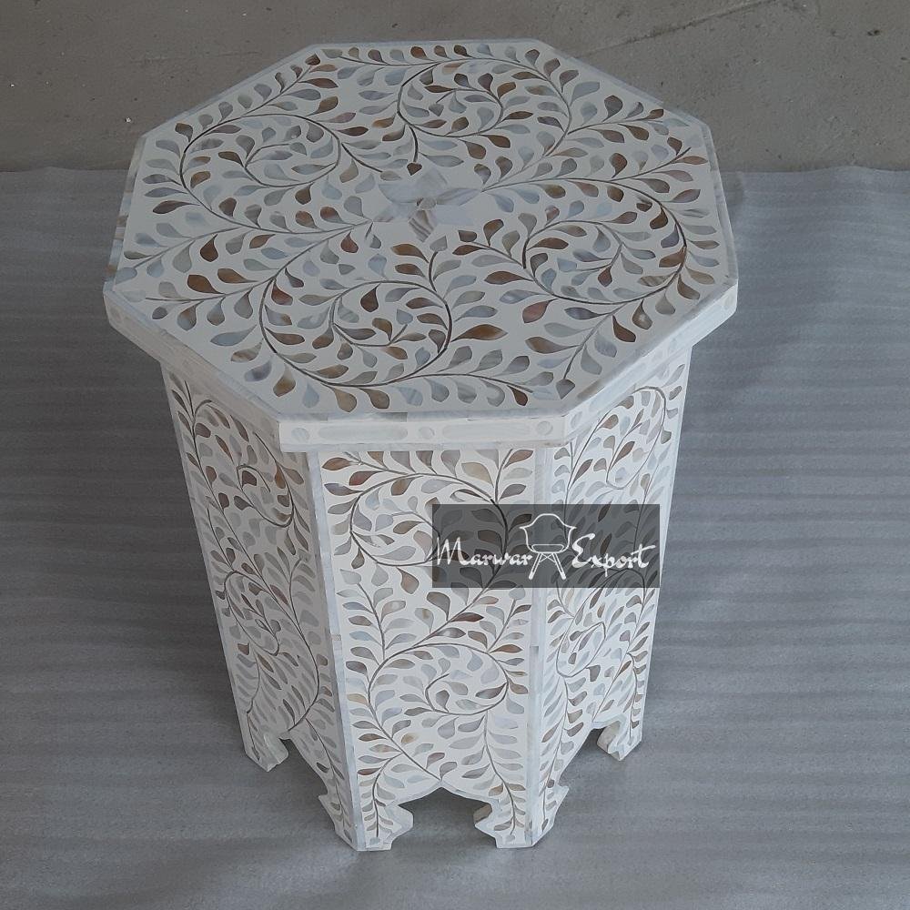 Handmade MOP Inlay Floral Design Stool | Side Table from India | End Table | Mother of Pearl End Table