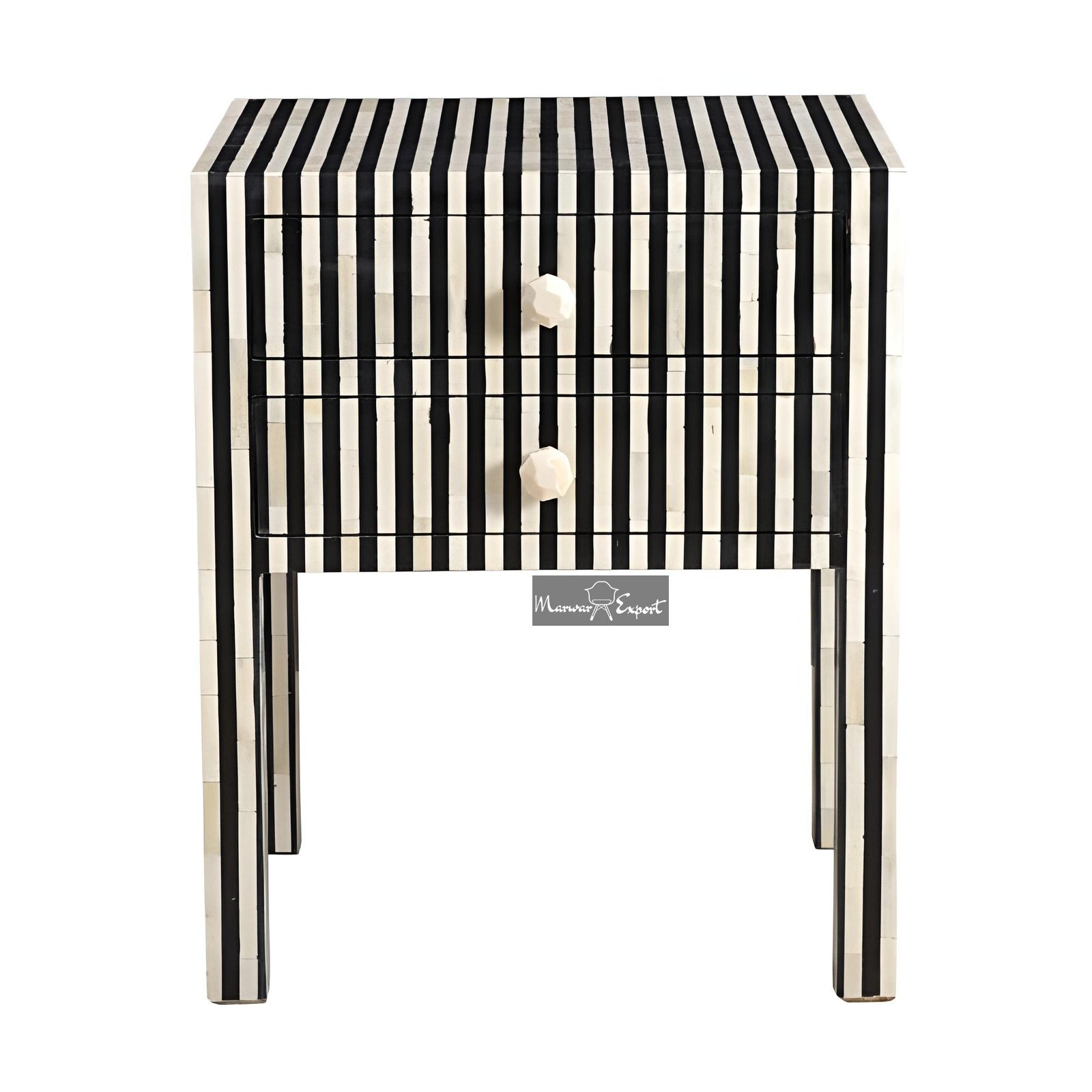 Stripe Black Bone Inlay Bedside 2 Drawer | Bone Inlay Bedside Table with 2 Drawers – Black
