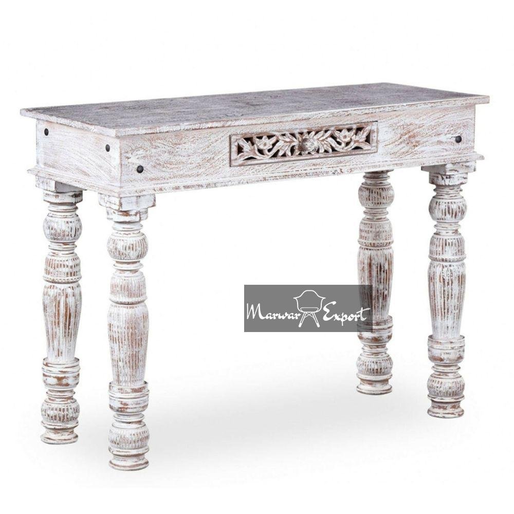 Wooden Carved Console Table with 1 Drawer | Indian Hand Carved Solid wood Hall console table Whitewash | Wooden Carved Foyer Table White Distress