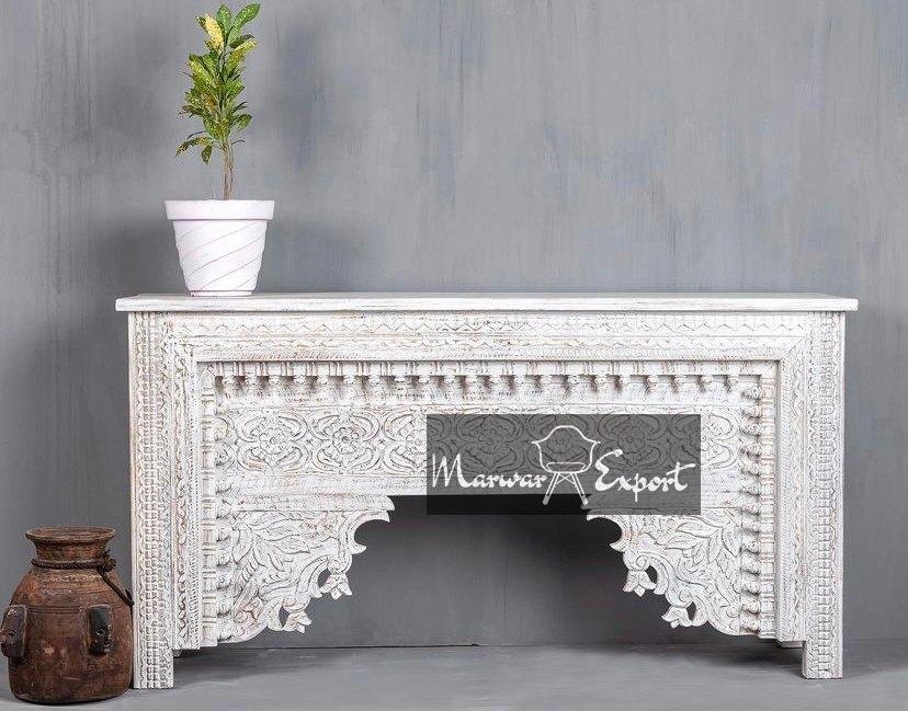 Entryway Console Tables For Living Room | White Wooden Carved Console | Wooden Rustic Console | Carved Indian Console