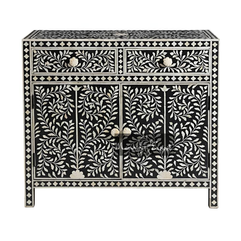 Bone Inlay Floral Design Entryway Cabinet Black | Bone Inlay 2 Drawer Cabinet in Black