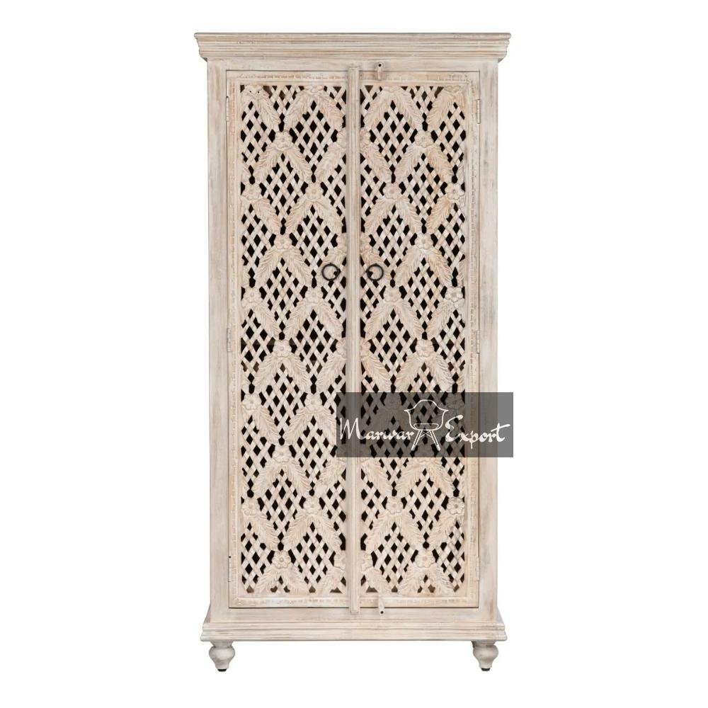 Wooden Carved Storage Wardrobe Almirah | Hand Carved Wooden Almirah Distressed Finish