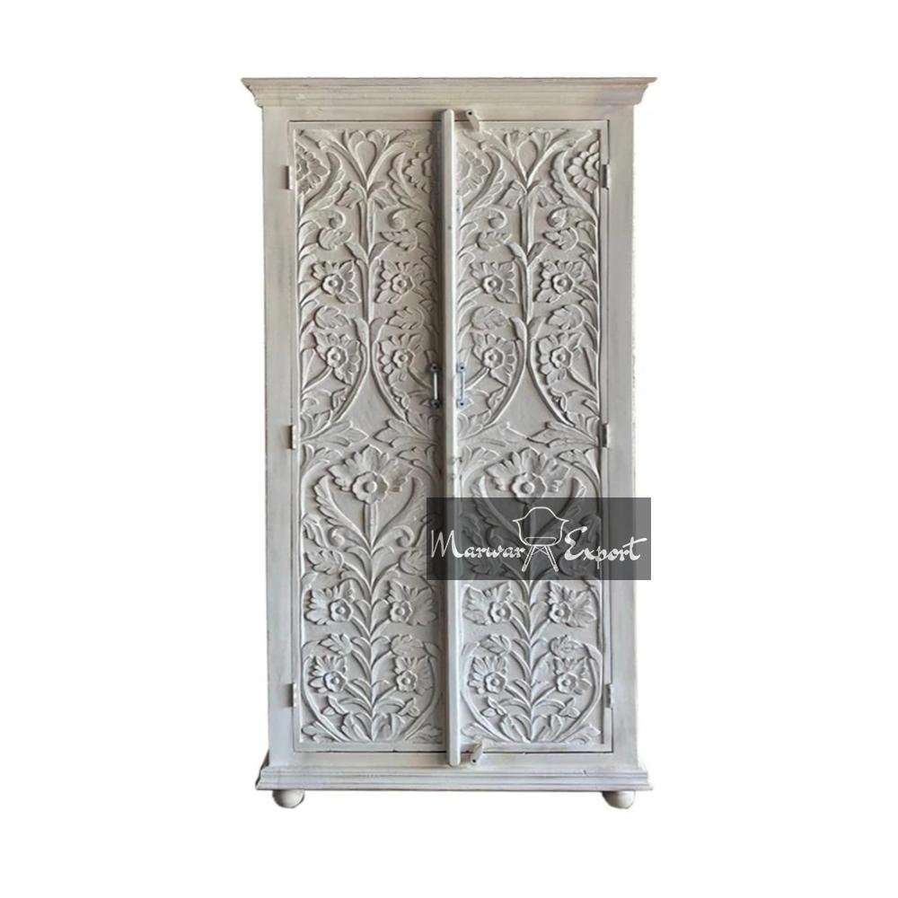 Solid Wood Almirah Wooden Almirah | Farmhouse Style Distressed White Doors Bedroom Armoire